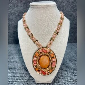 Vintage Chicos Statement Necklace Large Pink Peach Rhinestone Pendant Beaded